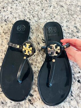 Tory Burch Black Patent Jelly Sandals with Gold Logo